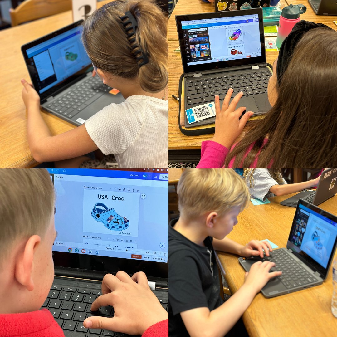 RoundHillES's tweet photo. Students in 2nd and 3rd grade learned about Canva this month as they created "Crocs" posters with specially chosen Jibbitz. Students had fun while critically thinking and being creative. #LCPS5Cs #creator #criticalthinker @crocs https://t.co/yrboPGAWjJ