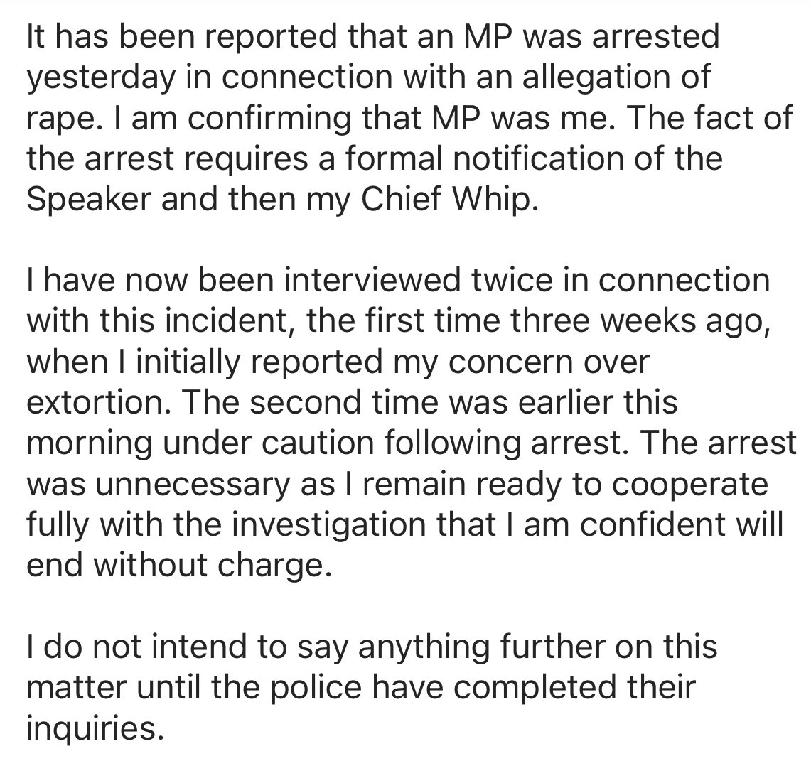 🚨 BREAKING: Tory MP Crispin Blunt confirms he was arrested over suspicion of rape and possession of drugs