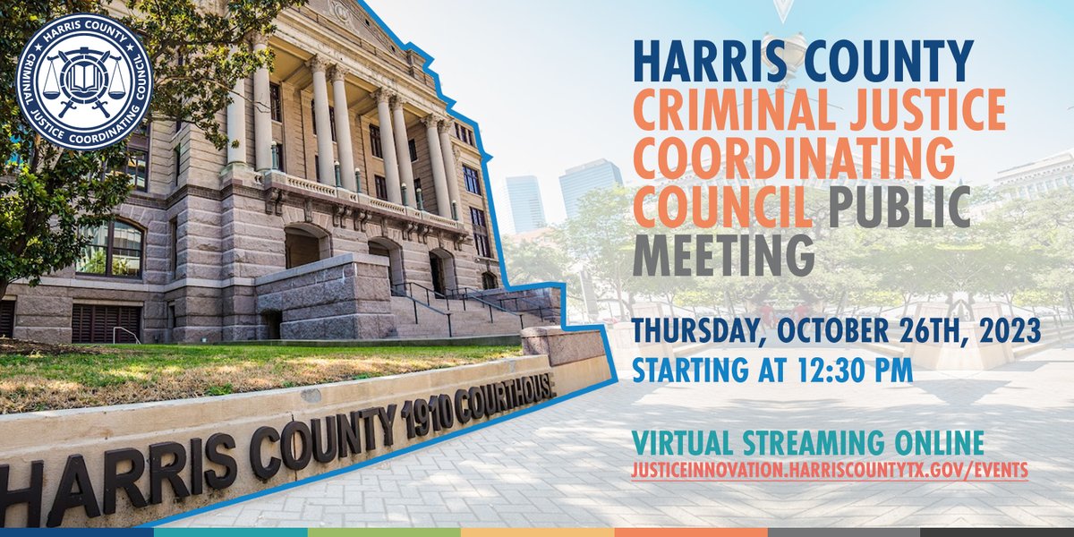 Happening today: CJCC Public Meeting at 12:30 PM. The CJCC works to manage systemic challenges facing Harris County's criminal justice system to help improve public safety, equity, and accountability. Stream: justiceinnovation.harriscountytx.gov/Events

#HarrisCounty #HCCJCC #CriminalJustice
