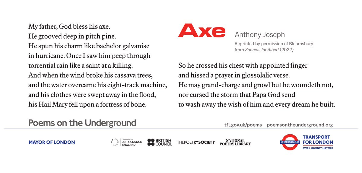 Great to see ‘Axe’ from Anthony Joseph’s T.S. Eliot prize-winning collection Sonnets for Albert included in the new autumn set of Poems on the Underground. On Underground and Overground trains now. @adjoseph @PoemsOnTheTube  poemsontheunderground.org/axe