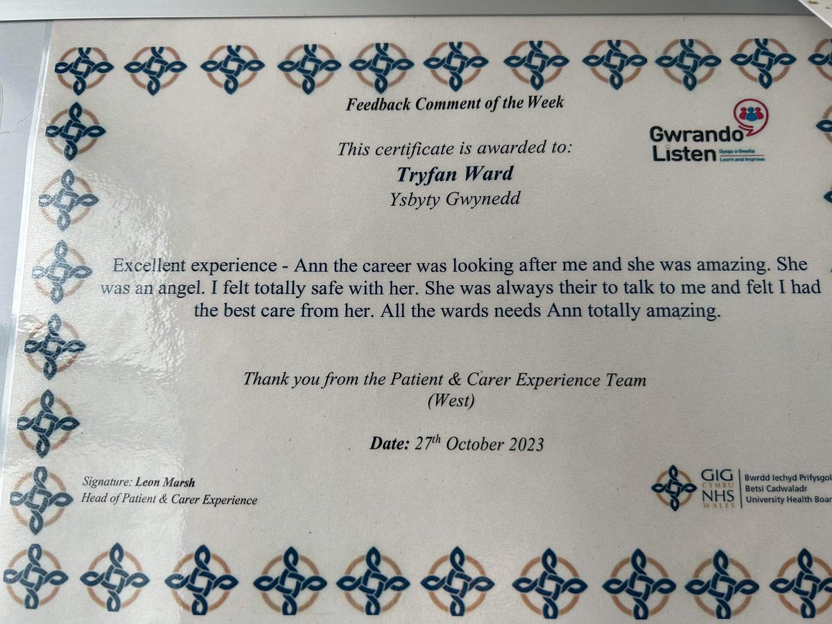 Feedback comment off the week for Ann one of our Tryfan HCA’s for her excellent patient care. Well done Ann ❤️
#patientsafety 
#teamwork
#patientexperience
