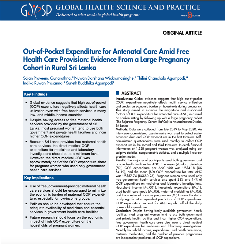 The authors report that even with the free health care services provided by the government, out-of-pocket expenditure for antenatal care in Sri Lanka is high, and women in low-income groups have a higher expenditure compared to higher-income groups. hubs.ly/Q026SLZJ0
