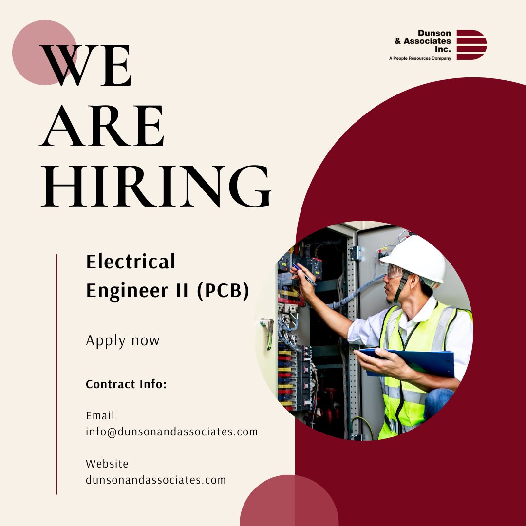Dunson_Jobs's tweet image. Hiring: Electrical Engineer II (PCB)

Offered is a competitive salary including bonus, 401k match, excellent benefits, an employee discount, and opportunities for growth. This is an in-office position.

For more information: bit.ly/3twBiyT 

#electricalengineer #hiri ...