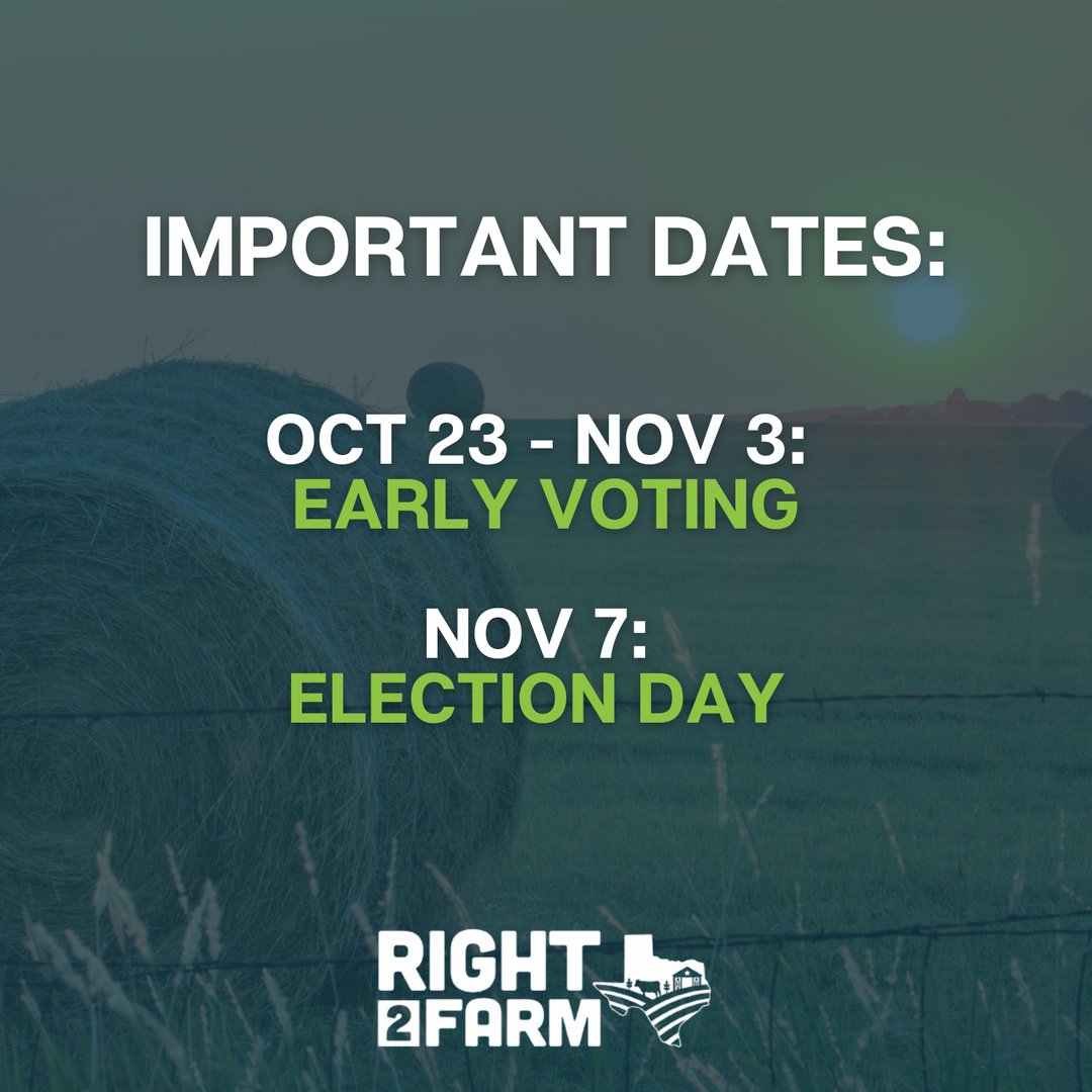 We need to come together this November to pass Proposition 1 to protect our right to farm! 
Learn more at <a href="/Right2FarmTX/">Right2Farm Texas</a> 
VOTE TODAY! ☑️ 
You don’t have to wait, join in on voting early!   Find your polling place today: votetexas.gov/voting/where.h…