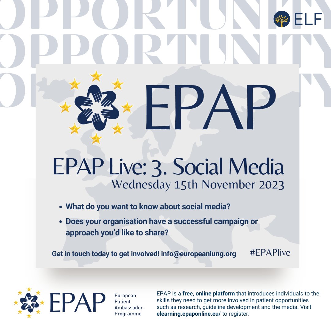 EuropeanLung's tweet photo. Our next #EPAPlive  is on social media, an important tool for patient orgs. #SaveTheDate

Tweet us with any questions or topics, or email us at info@europeanlung.org

#GetInTouch if your organisation wants to share any thoughts or experiences using social media. #PatientInput https://t.co/m4gvQmIiLm