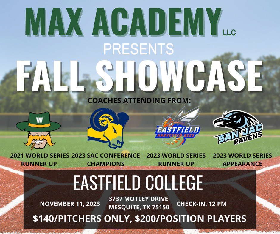 Ramon Garza (@coachgarz2) on Twitter photo Max Academy is excited to announce another great showcase opportunity to be held at Eastfield College on November 11th. <a href="/EastfieldBSB/">Eastfield Baseball</a> <a href="/sanjacbaseball/">San Jac Baseball</a> <a href="/TxWesBaseball/">TxWes Baseball</a> <a href="/WOSC_Baseball/">WOSC Baseball</a> all set to attend. Sign up using the link below.
forms.gle/91i5MJKQZz5mA5⦠Max Academy is excited to announce another great showcase opportunity to be held at Eastfield College on November 11th. <a href="/EastfieldBSB/">Eastfield Baseball</a> <a href="/sanjacbaseball/">San Jac Baseball</a> <a href="/TxWesBaseball/">TxWes Baseball</a> <a href="/WOSC_Baseball/">WOSC Baseball</a> all set to attend. Sign up using the link below.
forms.gle/91i5MJKQZz5mA5ā¦