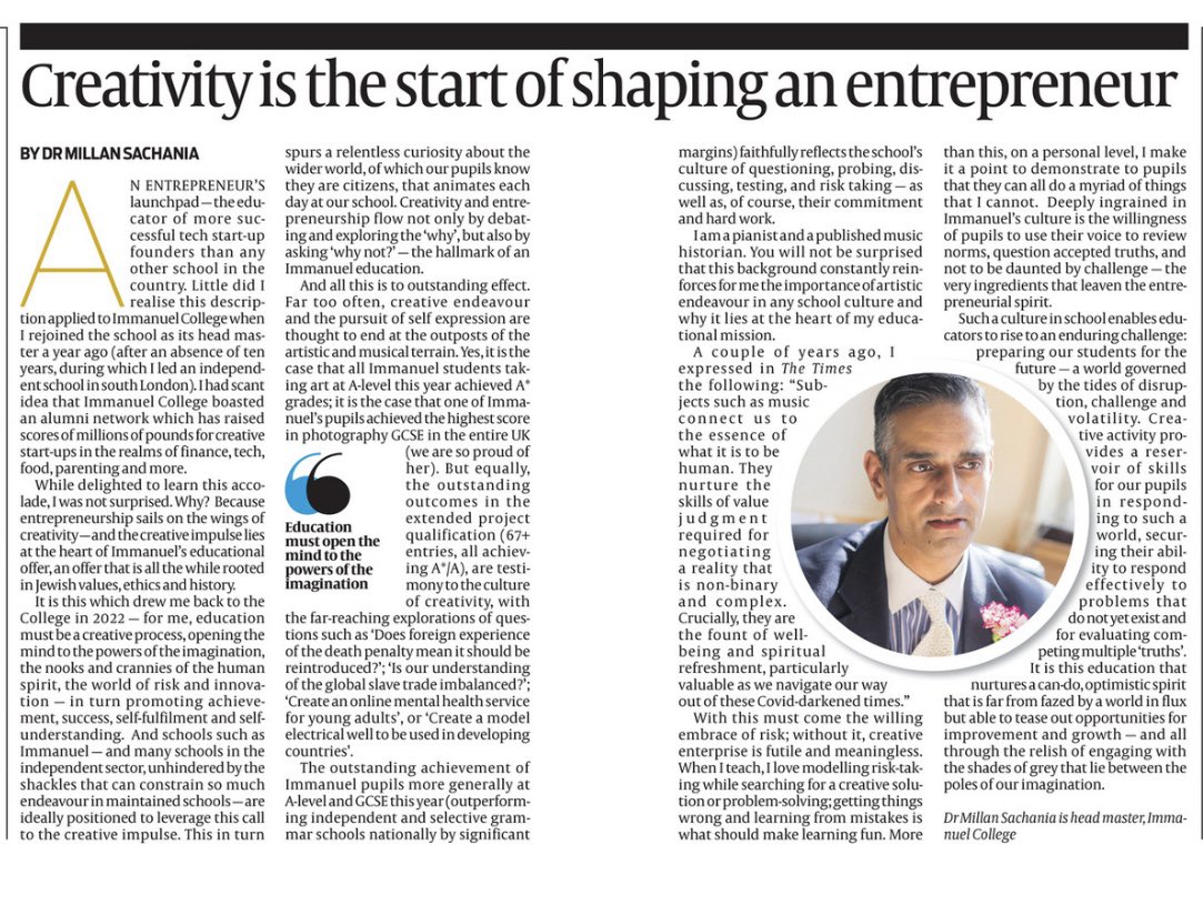 Herewith my piece for last week’s <a href="/JewishChron/">The Jewish Chronicle</a> on the power of creativity at my school (<a href="/ICBushey/">The Charles Kalms • Henry Ronson Immanuel College</a> Immanuel College) and its role in promoting entrepreneurship — evident in the outstanding success, in the world of tech startups, of our former students. <a href="/HMC_Org/">HMC (The Heads' Conference)</a> <a href="/ISC_schools/">Independent Schools Council</a>