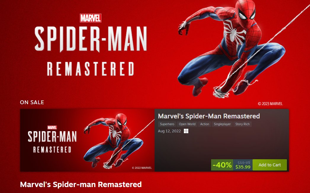 Wario64 on X: Spider-Man Remastered/Miles Morales is $35.99/$29.99 on  Steam   / X