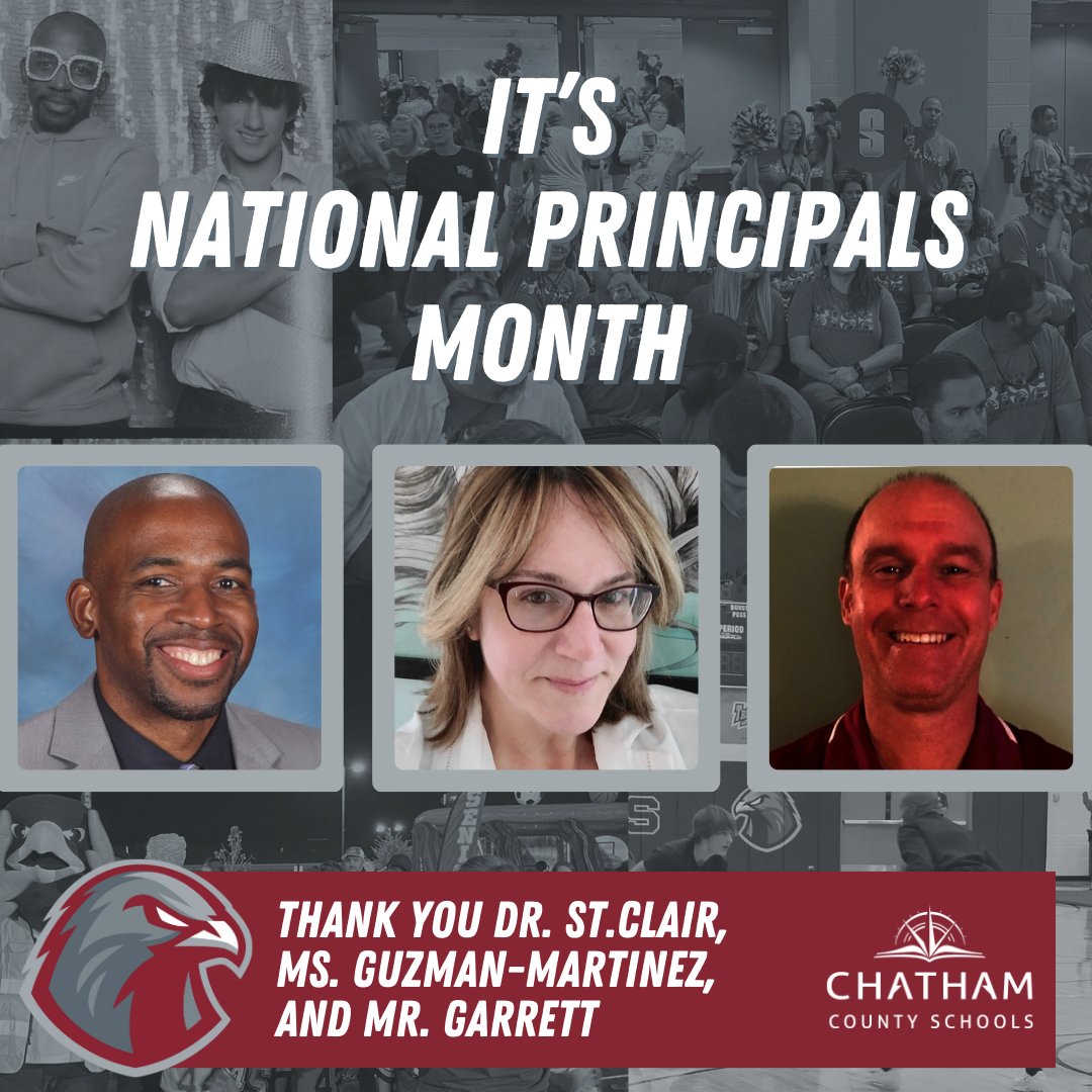 ChathamCoSch's tweet photo. It's National Principals Month! Give it up for our #HawkNation admin team, Dr. StClair, Ms. Guzman-Martinez, and Mr. Garrett at @SeaforthHS! #OneChatham #NationalPrincipalsMonth https://t.co/F81oyAadgV