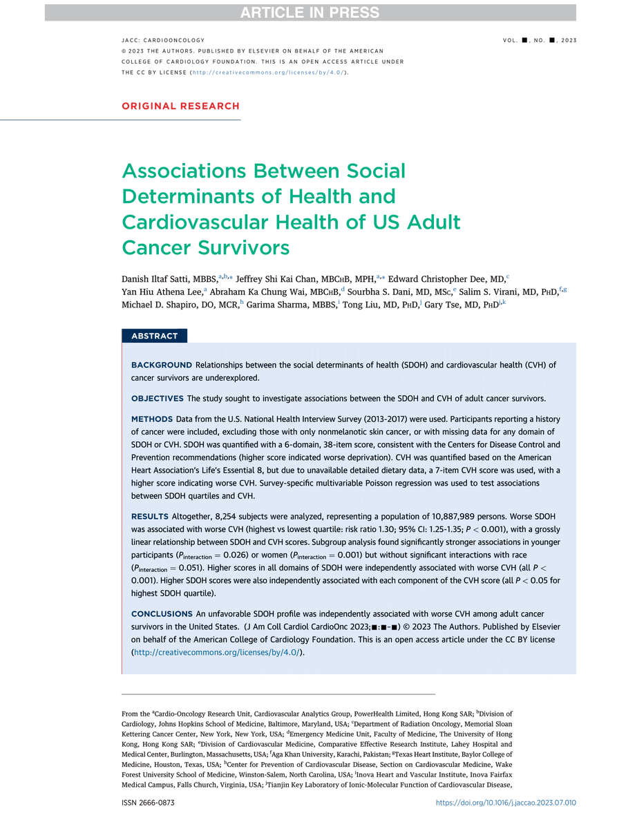 1/ Our latest📝in @JACCJournals #JACCCardioOnc explores the relationships between #SDOH and #CVH of cancer survivors in the US. Pleasure working with co-lead @JeffreyChansky and the amazing team! Link: doi.org/10.1016/j.jacc… More info👇🧵