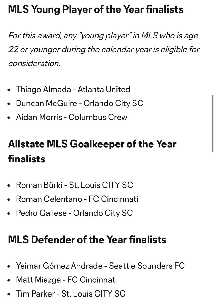 MLS Year End award finalists. Bürki not listed a finalist for MVP. Carnell is for COTY. Löwen for NCOTY. Bürki for GOTY. Him for DOTY. 

#AllForCITY #PaintTheCITYRed