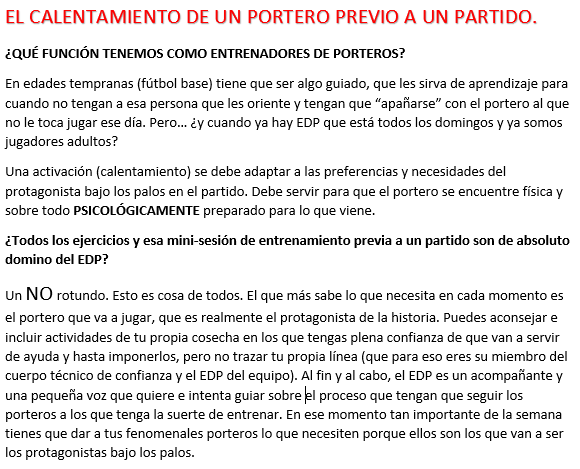 Una reflexión sobre lo que es calentar cada domingo a los porteros de tu equipo