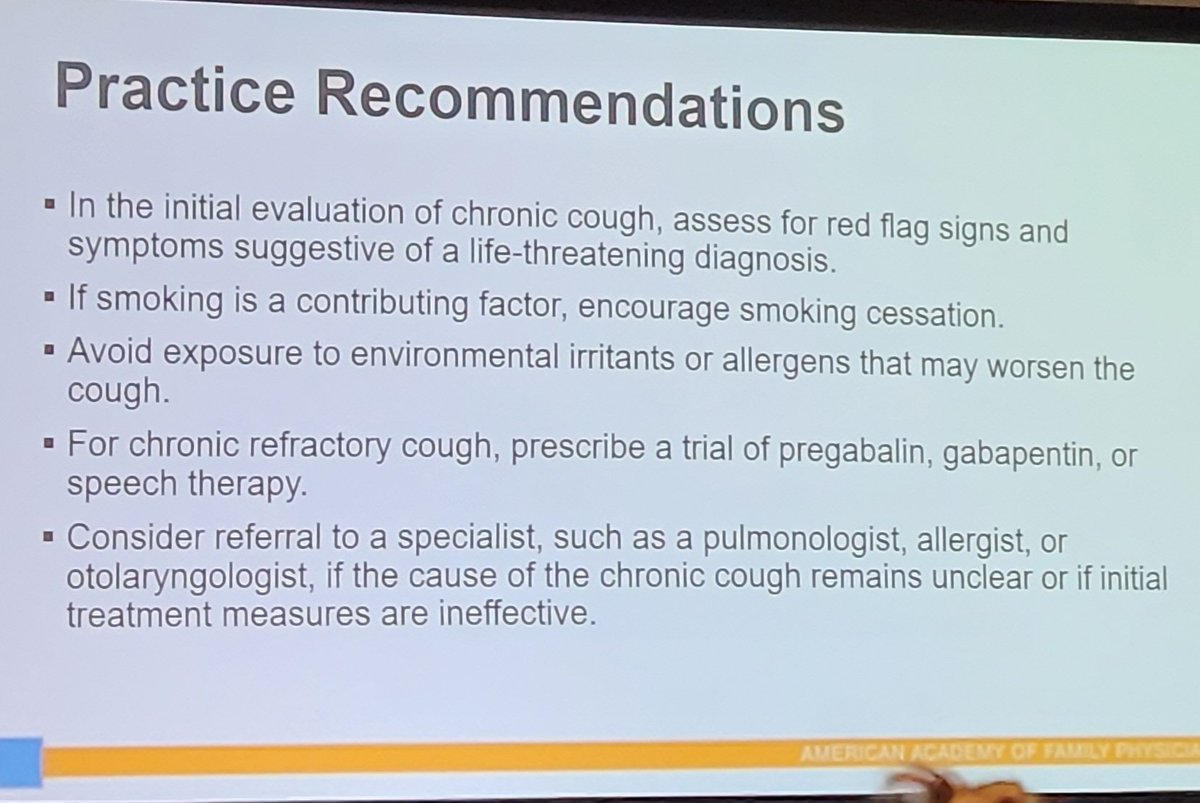 Fantastic lecture by Dr. Jaqua at #AAFPFMX on investigating the #ChronicCough-stumped, no red flags, and tried common strategies already? Some pearls: -Statins may be a drug-induced cause -Pregabalin/gabapentin or speech therapy trial recommended -Consider NAEB and ICS trial