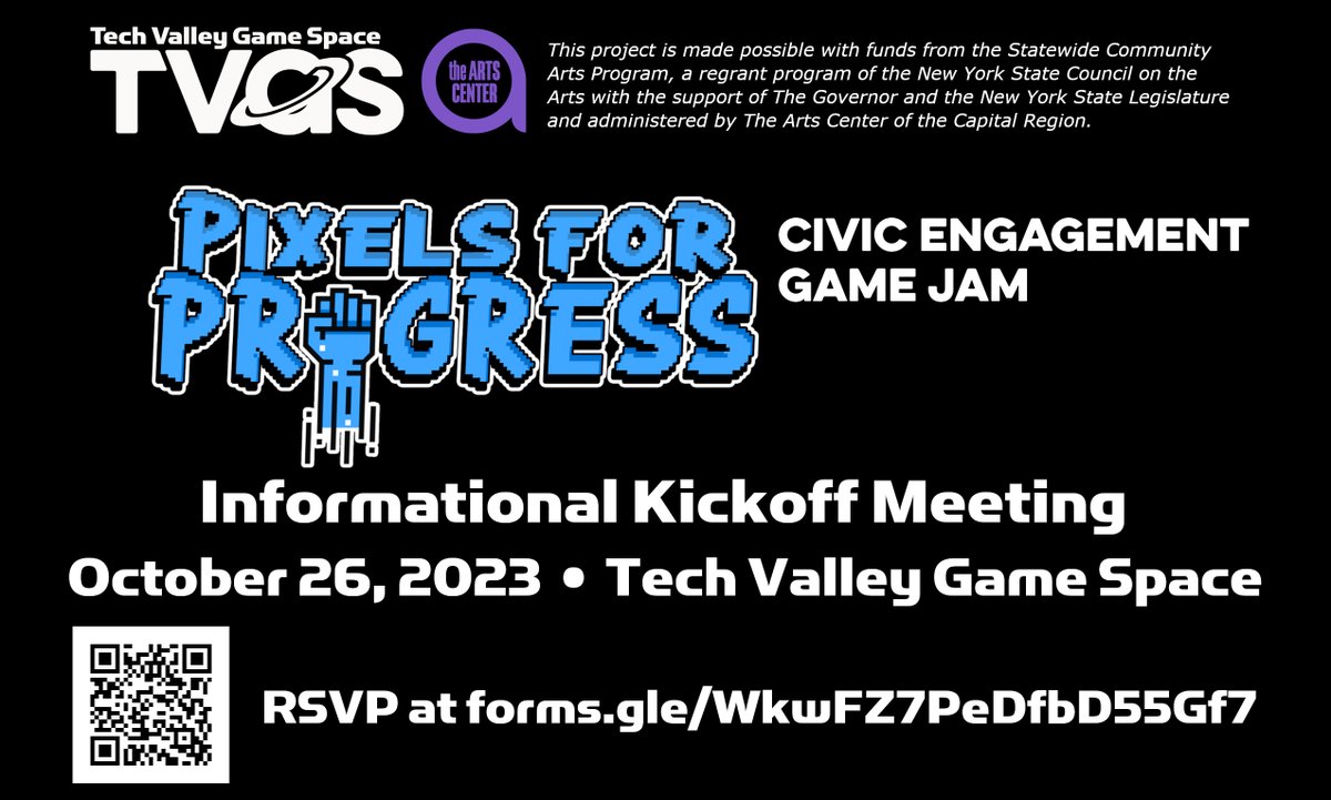 If you're interested in learning more about the upcoming Pixels for Progress game jam, join us tonight from 6:30-8:30pm EDT for an informational kickoff meeting.

You can join us in person at TVGS in Troy, or virtually via the Pixels for Progress Discord: discord.gg/acxHdN4UW9