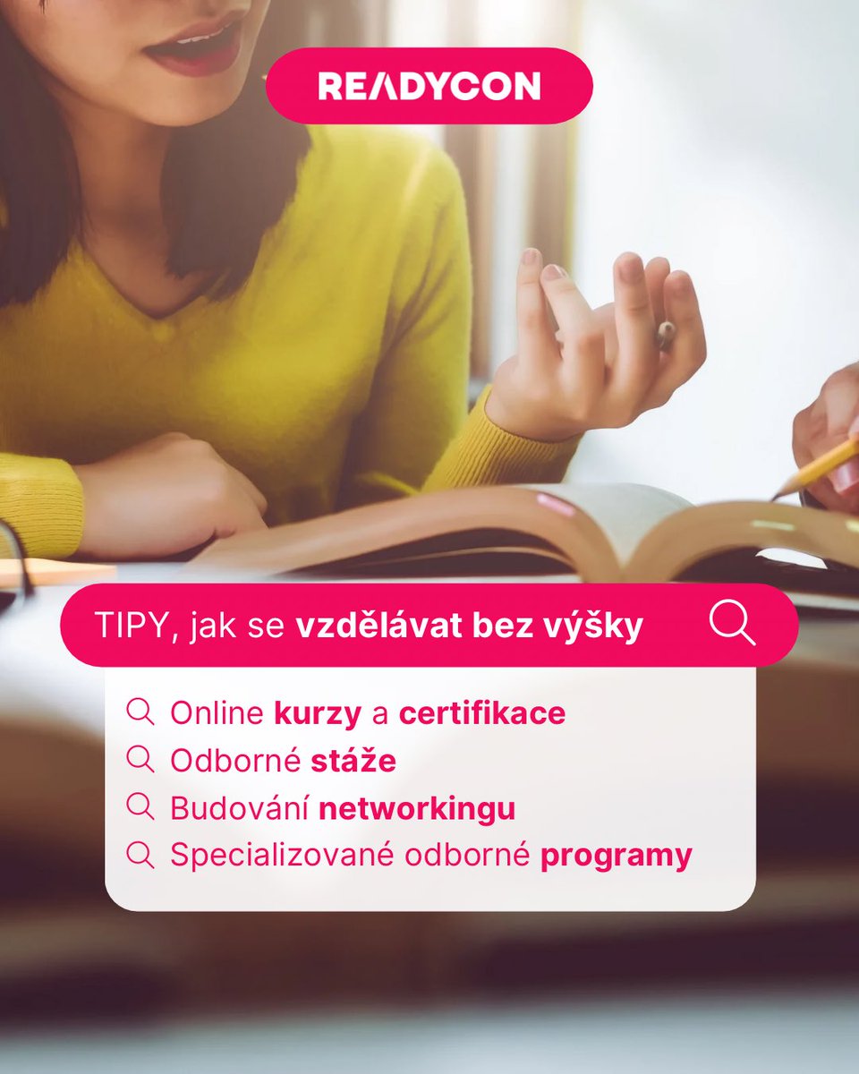 READYCON_cz's tweet photo. Chceš pokračovat ve vzdělávání se po střední škole, ale nechystáš se na vysokou školu? Žádný strach! Existuje mnoho možností, jak rozšířit své znalosti a dovednosti. https://t.co/qQXzfqtAo7