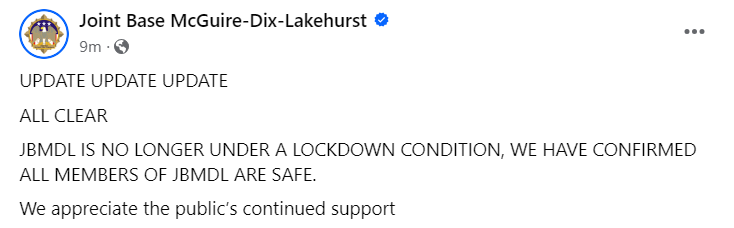 Owls_and_Ivy's tweet photo. UPDATE ALL CLEAR
#jointbase #mcguire #fortdix #lakehurst #activeshooter #allclear https://t.co/Ic0WGWtBRK