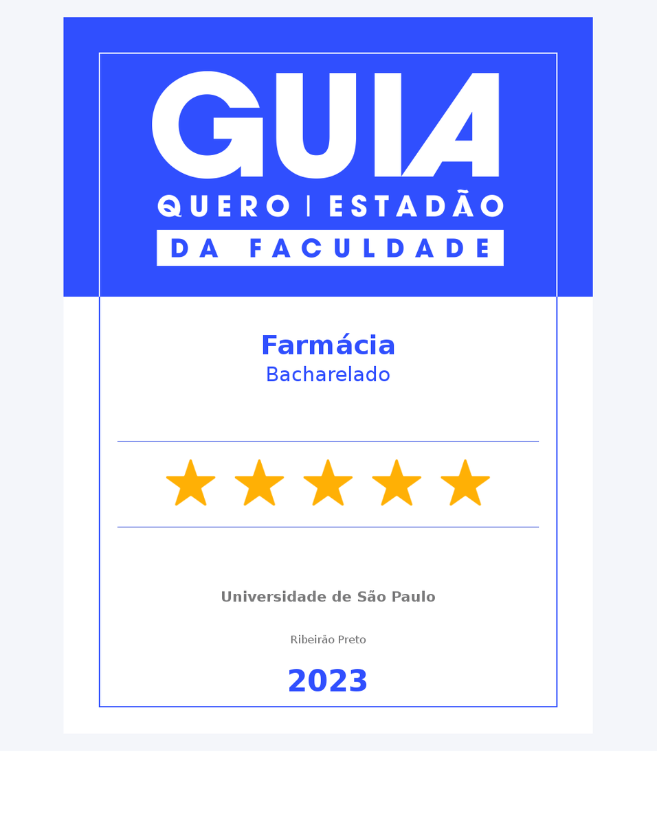 fcfrp_usp's tweet photo. É com grande prazer e orgulho que comunicamos que a  @fcfrp_usp, mais uma vez, ganhou 5 estrelas na avaliação do Guia da Faculdade, parceria entre a Quero Educação e o jornal @Estadao 
Agradecemos a toda comunidade @fcfrp_usp pelo compromisso, dedicação e competência. https://t.co/2Z3h17b4BB