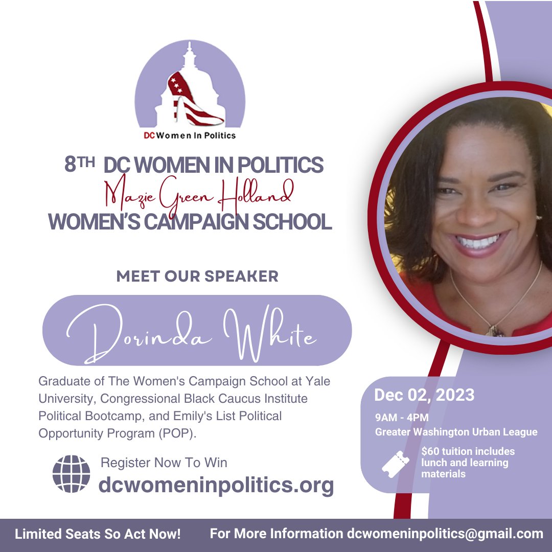 New speaker: Dorinda White. 1-Day Training Is Dec. 2 at 9-4 ET! dcwomeninpolitics.org