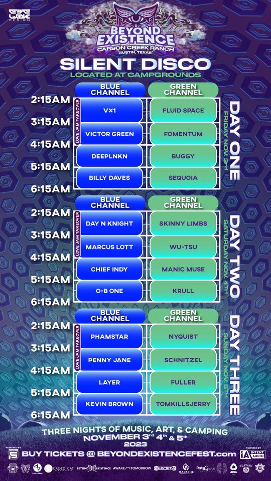 Let the countdown begin 🦋

Time to plan your musical journey at Carson Creek Ranch! Set times are here for 3 unforgettable days at Beyond Existence jam packed with tunes! Also check out our special addition of the Silent Disco going until LATE!