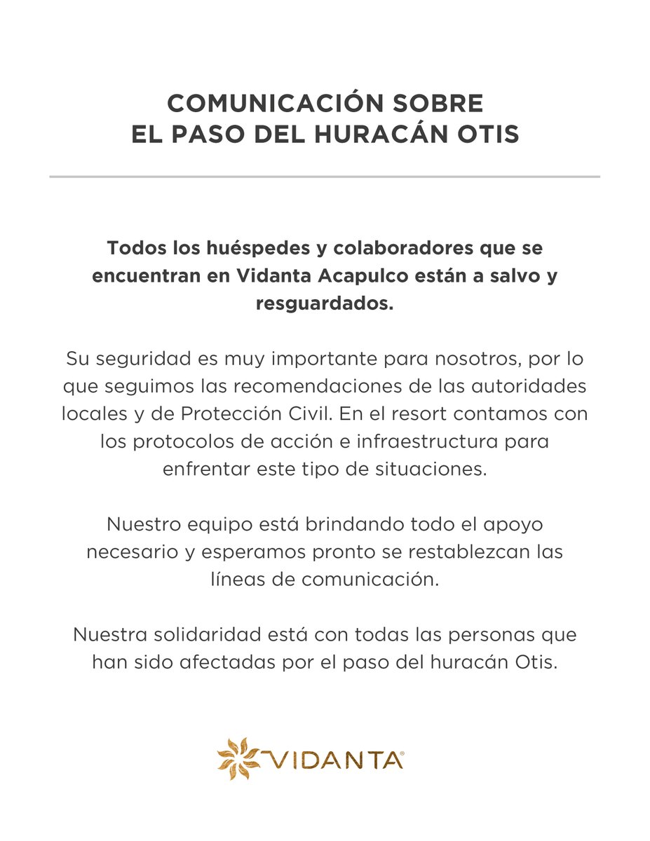 Actualización Huracán Otis. Seguimos manteniendo nuestros canales de comunicación disponibles para atenderlos e informando conforme tengamos actualizaciones.