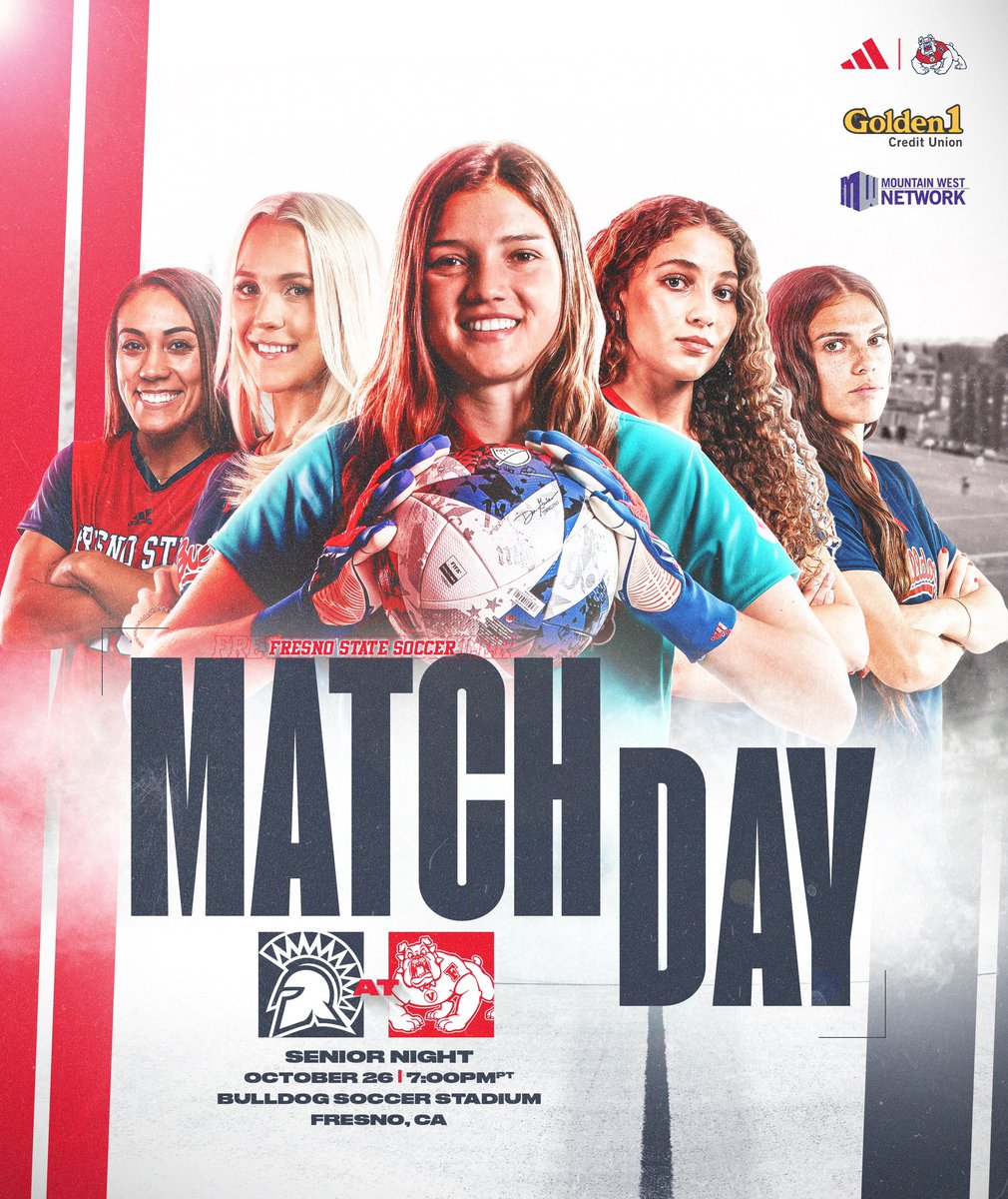 It’s Senior Night 🤩

🆚 San Jose State
🕖 7:00pm
📍 Bulldog Soccer Stadium

linktr.ee/fresnostatewsoc

#GoDogs ✖️ #Elevate