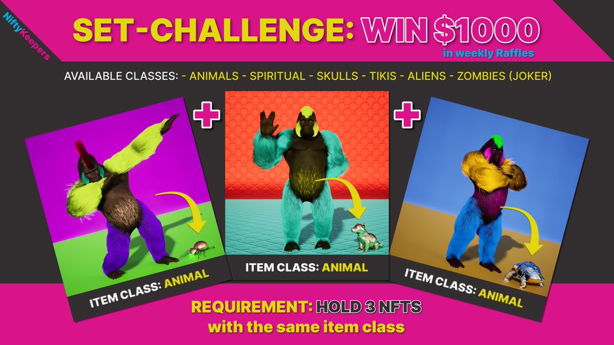 🚀🎉 Exciting news for NiftyKeepers NFT holders! 🎁 Join the Set-Challenge and automatically enter the weekly $1000 raffle pool. Hold 3 NFTs of the same item class - ANIMAL, SPIRITUAL, SKULLS, TIKIS, ALIENS, or ZOMBIES (JOKER) - for your chance to win big! 🤑💎 #NiftyKeepers #NFT