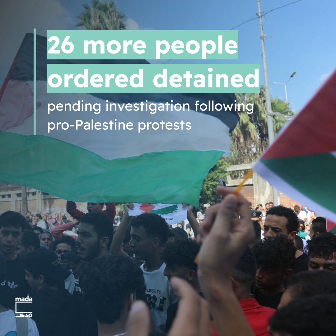 MadaMasr's tweet photo. Prosecutors ordered on Tuesday and Wednesday the detention of 26 more people arrested during last week’s pro-Palestine protests, bringing the total number of people detained in relation to the demonstrations to 40. A popular initiative in support of the Palestinian cause had scheduled a press conference on Thursday to declare solidarity with the detainees, but canceled it at the last minute to avoid further arrests. 

🔗 https://t.co/jaQ7jgZssh