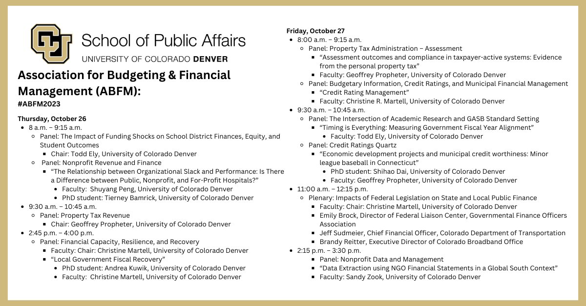 We’re excited to announce that many of our amazing faculty and students are presenting at this week’s Association for Budgeting & Financial Management (ABFM). Check out the following panels! #abfm2023 #abfmdenver