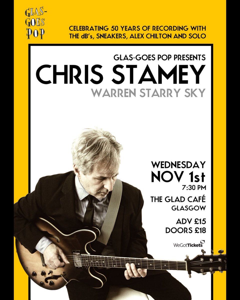 Less than a week until @ChrisStamey arrives in Glasgow for his first ever show here! We can’t wait to welcome him to the lovely @thegladcafe! Support from wonderful Warren @StarrySkies777. 🤩 Tix available in advance for £15 (plus booking) or £18 on the door - card only. 🙌🏽