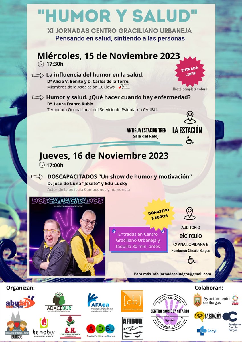 #SaveTheDate 
15 y 16 de noviembre, "Humor y Salud" es el tema escogido por las asociaciones del Centro Graciliano Urbaneja para sus XI Jornadas #PensandoEnSaludSintiendoALasPersonas