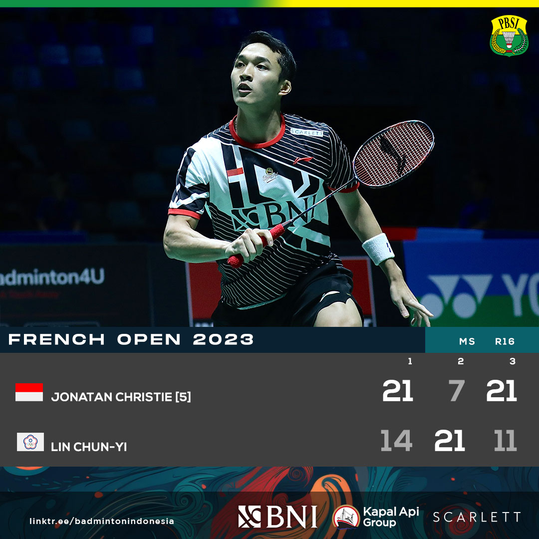 INABadminton's tweet photo. Good work Jo! Jonatan kalahkan wakil Chinese Taipei &amp; menyusul Ginting ke babak QF!

#FrenchOpen2023 https://t.co/IYTuG98mqy