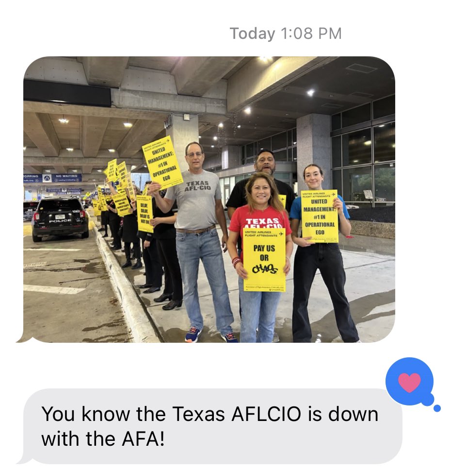 FlyingWithSara's tweet photo. Thanks for the support @RickTxAFLCIO and @TexasAFLCIO! We’ve got each other’s backs! #ContractNow @united 
@iahafa42 https://t.co/TNVkd1Uw17