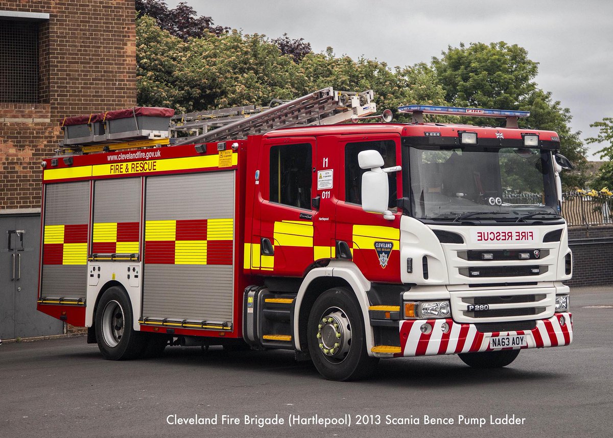FireographyUK's tweet photo. Since 1971 @ClevelandFB have been using white fronted livery on their fire appliances. The service also  remains one of only two in the UK retaining the name Fire Brigade (rather than Fire &amp; Rescue Service). Four of their trucks are shown from a visit earlier this year. https://t.co/hIUvJiXXdH
