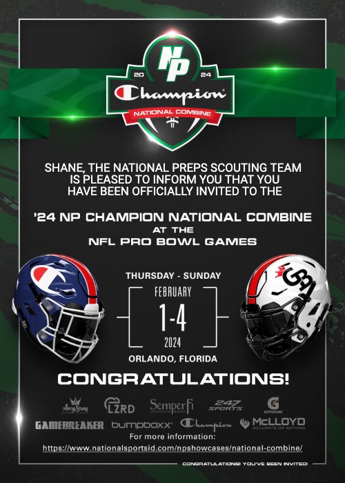 Very thankful for the invitation to the 2024 National Preps Combine at the NFL Pro Bowl Games @NPShowcases @GHoward_Scout