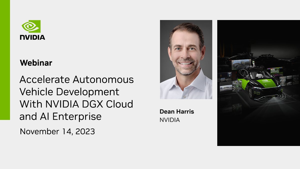 New NVIDIA webinar: Accelerate Autonomous Vehicle Development with DGX Cloud and NVIDIA AI Enterprise, Nov. 14. This webinar will examine how to leverage NVIDIA #AI-powered infrastructure and software to accelerate #AV development. Register here: nvda.ws/3Fwdk9p