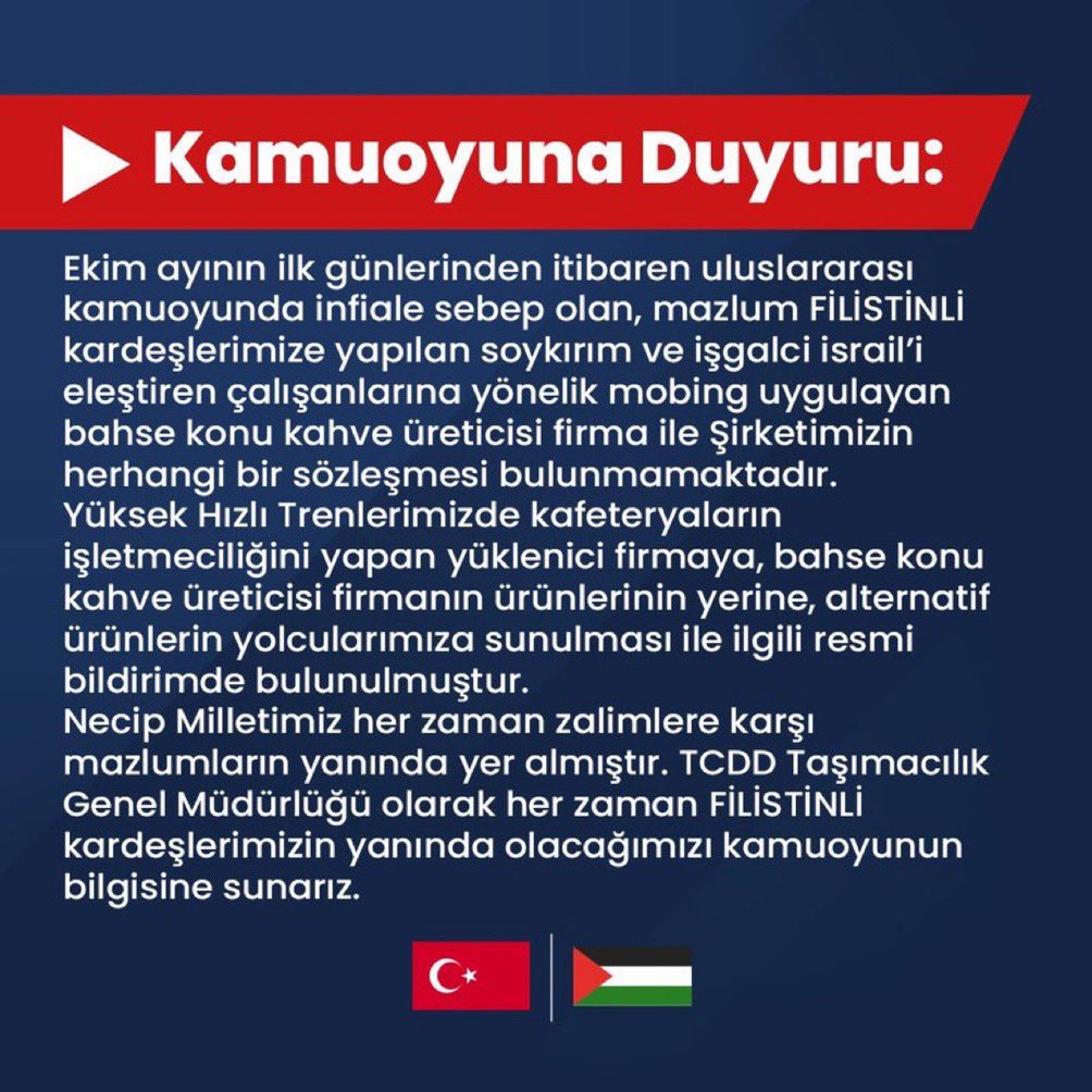 MehmetArdic_'s tweet photo. Türkiye Cumhuriyeti Devlet Demir Yolları, Starbucks'ın Hızlı Trenlerden kaldırılması için yüklenici firmaya talimat verdi. #ForPalestine 🇵🇸 https://t.co/XI0BMrH2P0