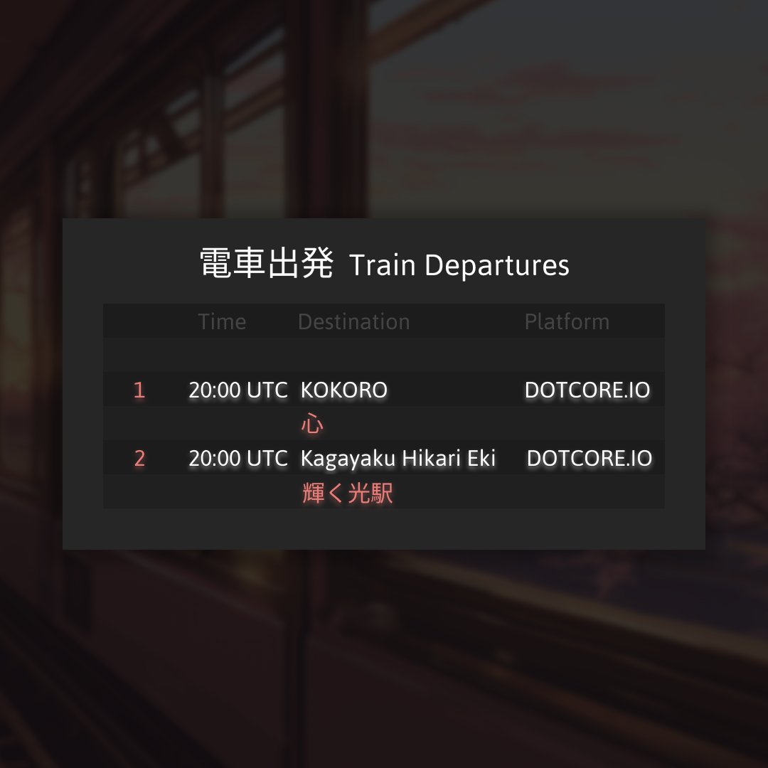 📣 Good afternoon passengers. This is the pre-boarding announcement for Kokoro train

Featuring 2 UTILITY NFTs on <a href="/dotcorenft/">CoreBlocks Development Company</a> 

🚂 We will depart on 26.10 @ 4PM EST

⚡ Hold them &amp; access to your metagate home on <a href="/Voyage_AR/">VoyageAR</a> 

🔗 dotcore.io/ae150745-9f15-…

🌟Have a pleasant journey!