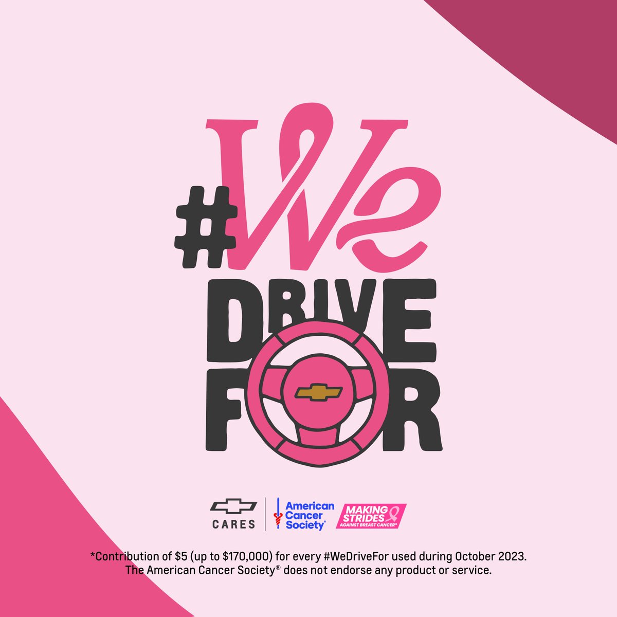 In 2023, an estimated 300,590 women will be diagnosed with invasive breast cancer. Share this post or use the #WeDriveFor to help the @AmericanCancer Society support those patients through research & programs like Reach To Recovery. For each share, #Chevy will donate $5 to ACS!