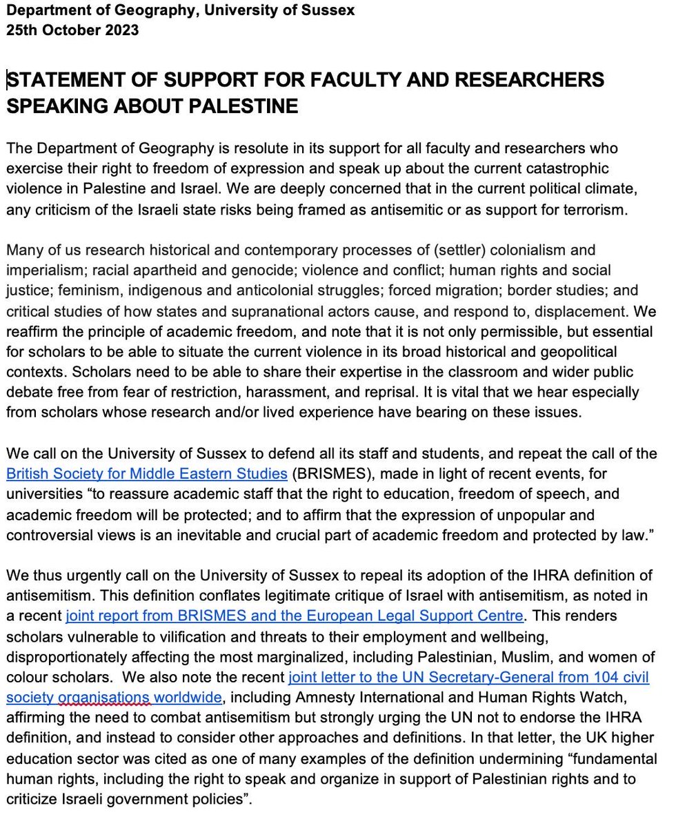 Geography Department at the University of Sussex has agreed by large majority to support this statement in support of freedom of speech of scholars speaking out on Palestine.