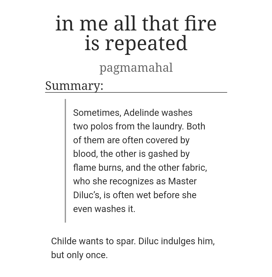 momentofbirth's tweet photo. #ChilucWeek2023 — Day 3: Sparring

in me all that fire is repeated
⚔️ Tartaglia/Diluc
⚔️ 3.7k words
⚔️ fluff, pining, sparring (no actual sparring, just the idea)
⚔️ https://t.co/El4sVzkxoz

Two days late to use this prompt 😢 but better late than never! https://t.co/tAsq4miq89