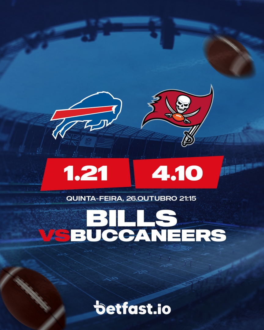 Buffalo Bills e Tampa Bay Buccaneers abrem a semana 8 da NFL!🔥 Os Bills estão 4-3 na temporada! Com um jogo a menos, os Buccaneers tem campanha parecida (3-3). Qual seu palpite para betarmos juntos? ⬇🤔 #Betfast #NFL #Buccaneers #Bills