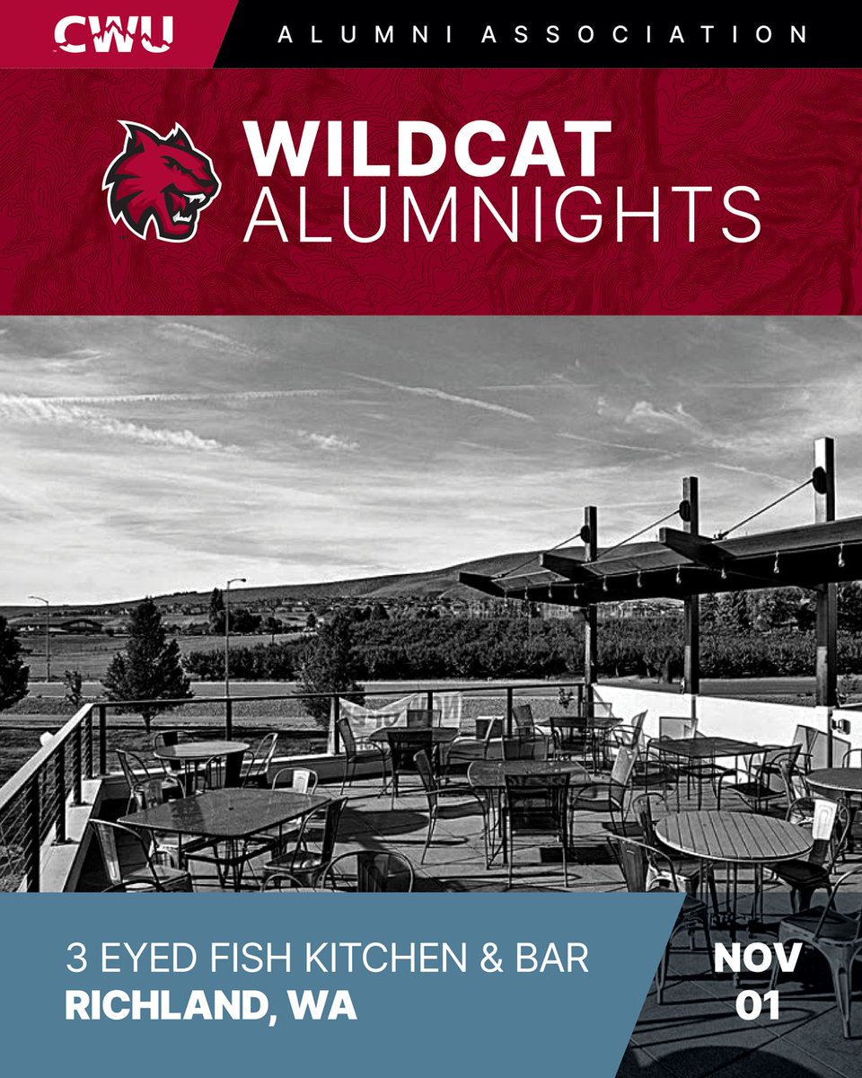 Calling all Tri-Cities Wildcats! Our next AlumNight will be Wednesday, November 1, at the 3 Eyed Fish Wine Bar. 

Let us know you're coming on our new Wildcats Connect App!
wildcatsconnect.cwu.edu/hub/centralwas…
