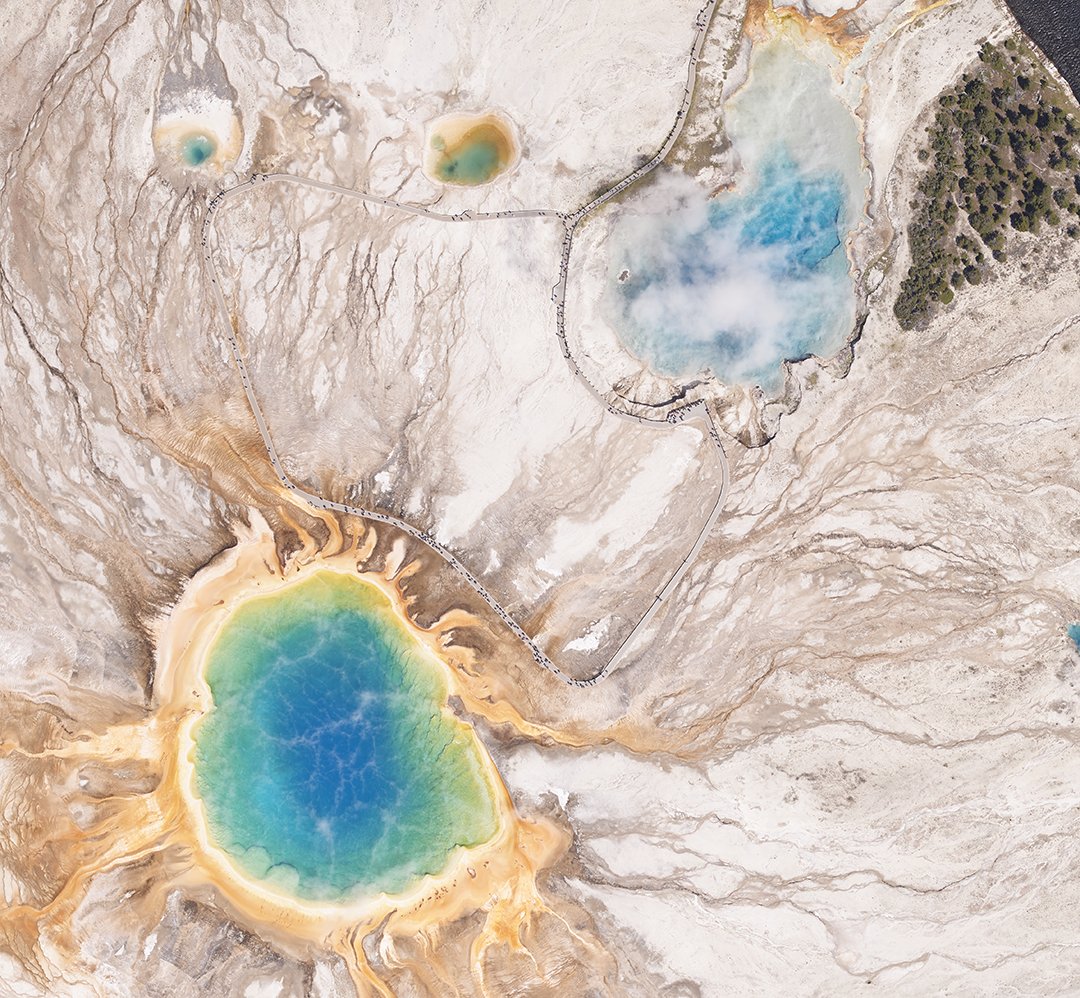 Data Dive: RGB Aerial Imagery of Grand Prismatic Spring and Excelsior Geyser Crater in Yellowstone National Park. If you look closely, you can see the visitors walking on the path! 📸: Christopher Haglund #Yellowstone #ExcelsiorGeyser #AerialImagery #GIS