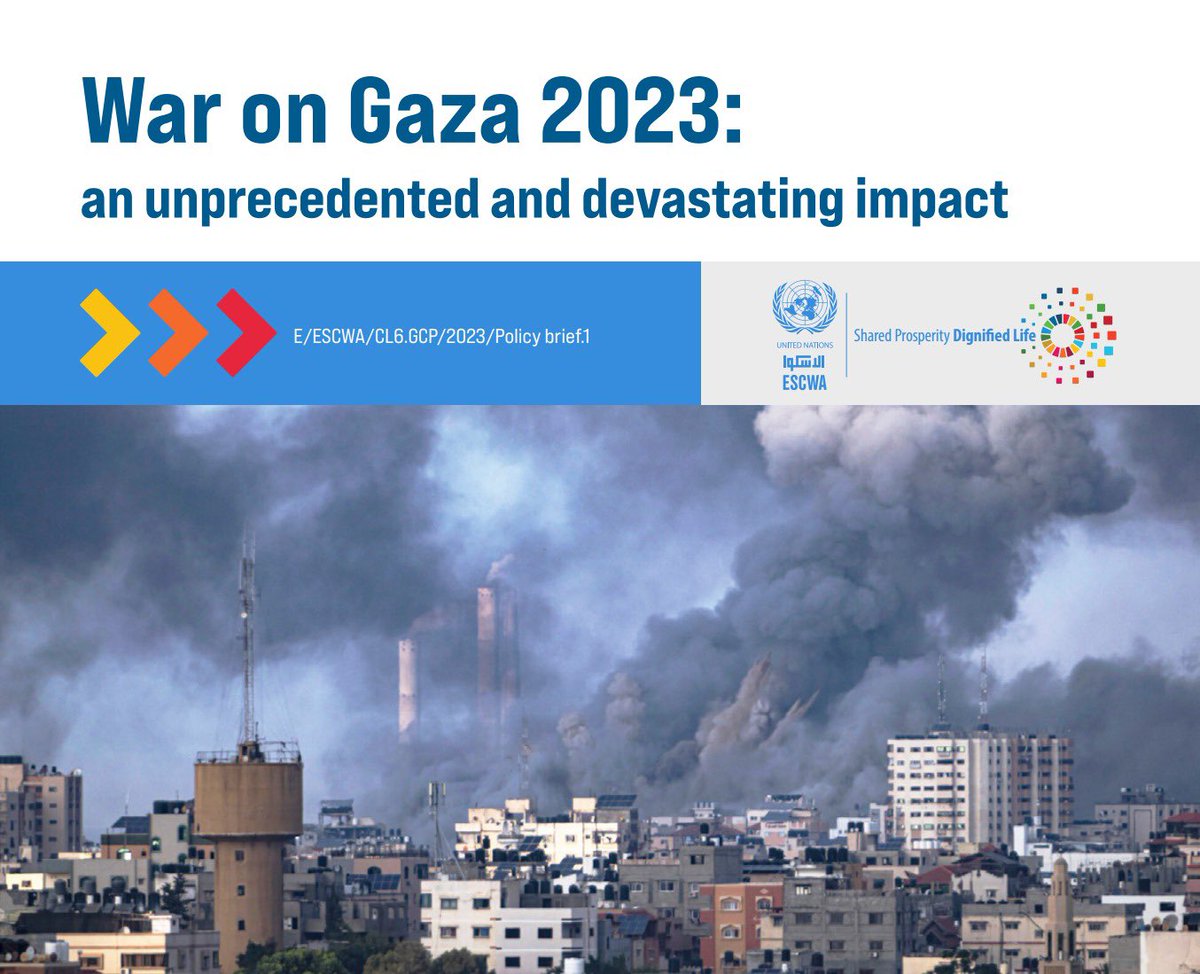 UNESCWA's tweet photo. The war on #Gaza and its full siege by Israel have been unprecedented in the scale of death and destruction, with profound and devastating impacts on the lives of #Palestinians.

To unpack the dire situation in Gaza, #ESCWA issued a policy brief 👉 https://t.co/rxFUSlpZBl https://t.co/AeN8I8pqa6