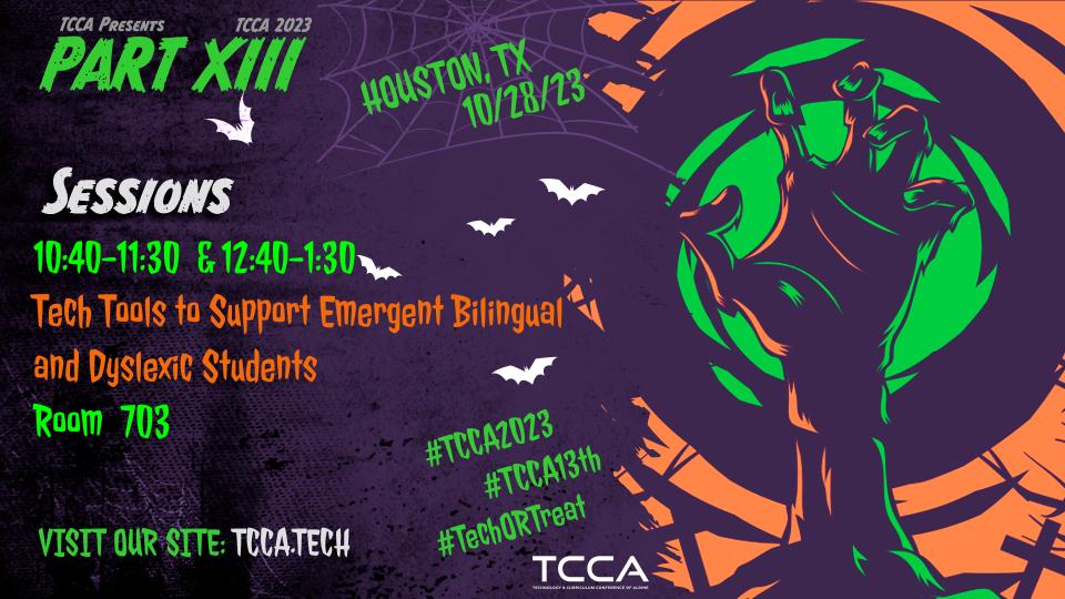 Calling all ghouls, goblins, and bookworms! 👻🎃

🪄 I'm presenting tools to help EB and dyslexic students @TCCAConf  this Saturday. 🧙‍♂️Dress in your best costume and learn how to help all students succeed!   🎃#TCCA2023  #TCCA13th #TechORTreat  #TCEA #ISTE @CISD_Connects
