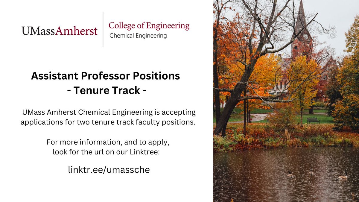 Applications are now being accepted for two tenure track assistant professor positions. For more information and to apply, the url is on our linktree:   linktr.ee/umassche and find it here:

careers.umass.edu/amherst/en-us/…