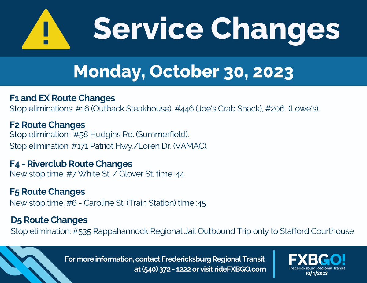 rideFXBGO's tweet photo. As a reminder!

Starting Monday, October 30, 2023, FXBGO! will remove six bus stops and change two arrival times to improve service speed and efficiency for riders. https://t.co/EsxmE8DXVM