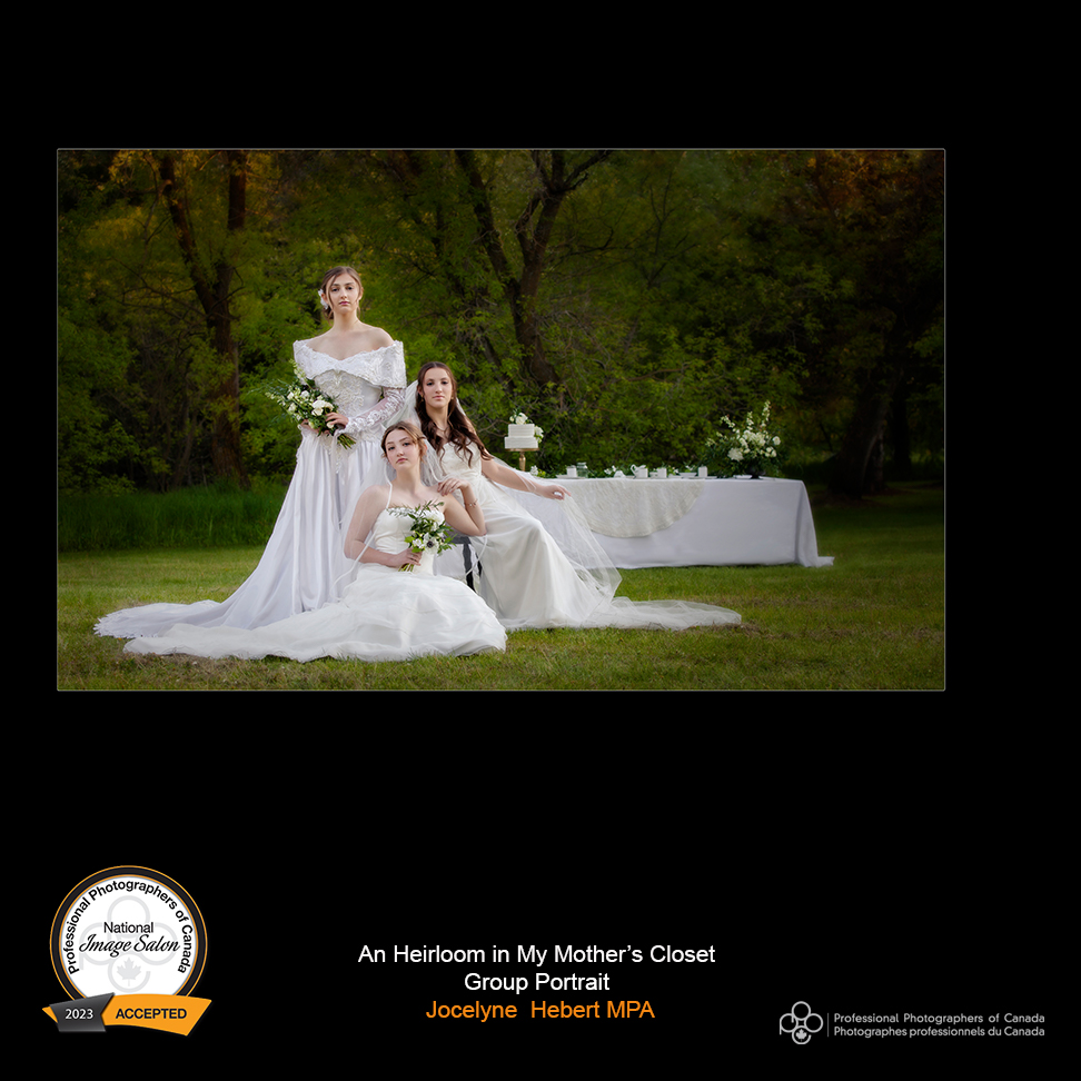 This  beautiful image, "An Heirloom in My Mother's Closet" such a beautiful  story-telling image.  The dresses pop out against the lovely greens  behind them. This image scored an accepted from the Group Portrait  class. Maker is Jocelyne Hebert, MPA, of Reflections by Jocelyne