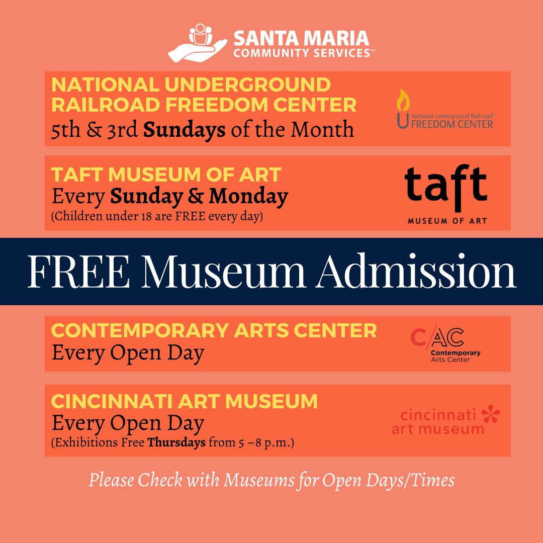 The @CincyCAC & the @cincyartmuseum have FREE general admission EVERY open day & CAM offers free exhibition admission Thursdays, 5-8 p.m. The National Underground Railroad @FreedomCenter is free on the 5th & 3rd Sundays & the Taft Museum of Art is free every Sunday & Monday.