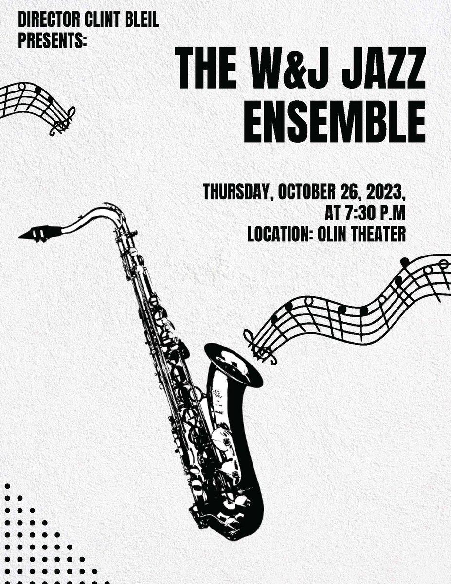 WJMusicDept's tweet photo. Concert #1 this week - W&amp;J Jazz Ensemble! Students have been hard at work putting this concert together, featuring big band charts and well known jazz standards. Come check it out in Olin Theater, tonight at 7:30! https://t.co/MP32l3Hmyo